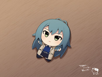 1girl antenna_hair black_skirt black_socks blue_hair blue_shirt brown_jacket character_doll chibi chibigurumi closed_mouth collared_shirt commentary_request doll gakuen_idolmaster green_eyes highres idolmaster jacket long_hair lying on_back open_clothes open_jacket plaid_clothes plaid_jacket polo_shirt shirt skirt socks solo translation_request tsukimura_temari uccow very_long_hair