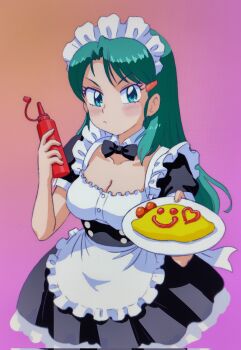 1girl alternate_costume apron aqua_hair black_bow black_bowtie black_corset black_dress blue_eyes bottle bow bowtie breasts cherry_tomato cleavage closed_mouth commentary_request corset cowboy_shot detached_collar dress enmaided food frilled_apron frills frown genji_tsuushin_agedama gradient_background hair_ornament hairclip hands_up heart highres holding holding_bottle holding_plate ketchup_bottle kuki_rei layered_dress long_hair looking_at_viewer maid maid_headdress medium_breasts mizutani_kenta omelet omurice plate puffy_short_sleeves puffy_sleeves short_sleeves solo standing tomato waitress white_apron