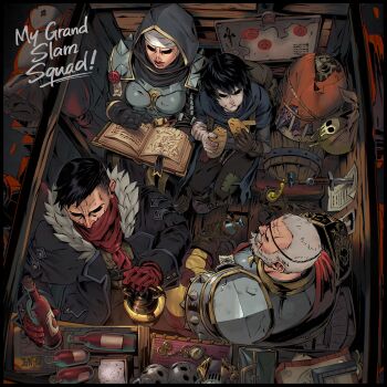 Rule 34 | 2boys, 2girls, absurdres, animal, armor, barrel, beard, birdcage, black cloak, black hair, black jacket, book, bottle, bread, breastplate, brown gloves, brown pants, brown robe, brown shoes, cage, cheese, cloak, coin, commentary request, compass, covered mouth, cut-away, dagger, darkest dungeon, eating, english text, eyepatch, facial hair, food, from above, full beard, fur-trimmed jacket, fur trim, gloves, grey hair, grey shirt, hatonasi, highres, highwayman (darkest dungeon), holding, holding book, holding bottle, holding food, holding lantern, hood, hooded cloak, jacket, key, knife, lantern, looking at another, looking at object, man-at-arms (darkest dungeon), map, multiple boys, multiple girls, nun, pants, pauldrons, red gloves, red scarf, robe, runaway (darkest dungeon), scar, scar on arm, scarf, shirt, shoes, short hair, shoulder armor, sitting, spiked pauldrons, spikes, undercut, very short hair, vestal (darkest dungeon), wagon, weapon, wine bottle