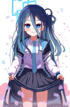 Rule 34 | 1girl, absurdres, aris (blue archive), black hair, blue archive, blue eyes, blue hairband, blue necktie, closed mouth, clothes lift, collared shirt, commentary request, hairband, halo, highres, holding own skirt, jacket, long hair, long sleeves, millennium science school logo, nacoko, necktie, open clothes, open jacket, sad, shirt, simple background, solo, very long hair