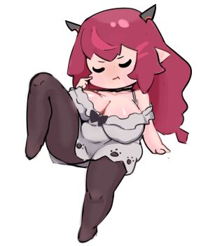 1girl alternate_breast_size_(larger) arrivedcold artstyle_imitation breasts chibi closed_eyes dress embarrassed hololive hololive_english huge_breasts irys_(casualrys)_(hololive) irys_(hololive) large_breasts long_hair no_bra pantyhose simple_background solo solo_focus stomach thighs virtual_youtuber white_background