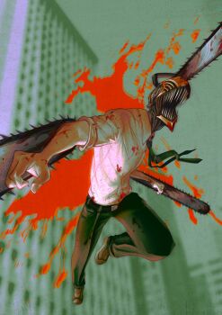 1boy absurdres belt black_belt black_necktie black_pants blood blood_on_clothes blood_on_face blood_on_hands blood_splatter bloody_weapon blurry blurry_background building chainsaw chainsaw_devil chainsaw_man collared_shirt danieljoyniel denji_(chainsaw_man) fighting_stance full_body highres male_focus necktie open_mouth pants sharp_teeth shirt shoes skyscraper sleeves_rolled_up sneakers solo teeth weapon white_shirt