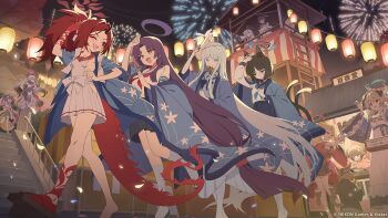 Rule 34 | 6+girls, animal ears, black hair, blonde hair, blue archive, blue haori, cat ears, cat girl, cat tail, chise (blue archive), commentary request, copyright name, dragon girl, dragon tail, festival, fireworks, floral print, fox mask, grey hair, hair ornament, halo, haori, highres, horns, hyakkaryouran (blue archive), izuna (blue archive), japanese clothes, kikyou (blue archive), kimono, lantern, logo, long hair, long sleeves, manew, mask, mask on head, michiru (blue archive), multiple girls, multiple tails, nagusa (blue archive), neckerchief, night, ninjutsu research club (blue archive), niya (blue archive), official art, one eye closed, open mouth, outdoors, pina (blue archive), purple eyes, purple hair, red eyes, red hair, renge (blue archive), revision, sailor collar, school uniform, shizuko (blue archive), single horn, tail, tsukuyo (blue archive), two tails, umika (blue archive), wide sleeves, yukari (blue archive)