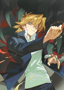 1boy absurdres blonde_hair blue_jacket card commentary_request cowboy_shot deck_of_cards duel_monster highres holding holding_card inkerpape jacket jonouchi_katsuya male_focus red-eyes_black_dragon shirt short_hair solo_focus trading_card white_shirt yu-gi-oh! yu-gi-oh!_duel_monsters