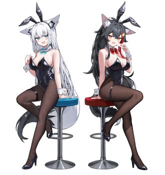 2girls absurdres ahoge alternate_costume animal_ear_fluff animal_ear_hairband animal_ear_piercing animal_ears aqua_bow aqua_bowtie aqua_eyes arm_support bare_shoulders black_hair black_leotard black_pantyhose black_shoes blush bow bowtie breasts brown_pantyhose card cleavage covered_navel deaver detached_collar double-parted_bangs fake_animal_ears fox_ears fox_girl fox_tail full_body hair_between_eyes hairband hand_up highleg highleg_leotard highres holding holding_card hololive large_breasts leotard long_hair looking_at_viewer multicolored_hair multiple_girls on_stool ookami_mio open_mouth pantyhose pentagram playboy_bunny rabbit_ear_hairband rabbit_ears red_bow red_bowtie red_hair shirakami_fubuki shoes sidelocks simple_background sitting smile stool strapless strapless_leotard streaked_hair tail traditional_bowtie very_long_hair virtual_youtuber white_background white_hair white_wrist_cuffs wolf_ears wolf_girl wolf_tail wrist_cuffs yellow_eyes