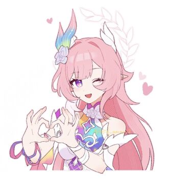 Rule 34 | 1girl, ;o, bare shoulders, breasts, commentary request, cropped torso, cyrene (demiurge) (honkai: star rail), cyrene (honkai: star rail), diamond-shaped pupils, diamond (shape), dress, flower, four-finger heart hands, hair flower, hair ornament, heart, heart hands, hid amar i, honkai: star rail, honkai (series), large breasts, long hair, looking at viewer, one eye closed, pink hair, pointy ears, purple eyes, simple background, solo, symbol-shaped pupils, very long hair, white background, white dress