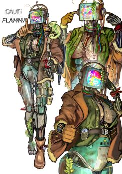 1girl 1other barcode boots breasts cable cauti_flamma_(sfour_s4) chameleon character_name doll_joints flammable_symbol gears gloves headphones highres jacket joints open_clothes open_jacket original overgrown plant robot sfour_s4 simple_background tagme television vines white_background