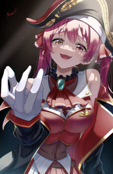 1girl absurdres arrow_through_heart bare_shoulders belt belt_buckle black_choker black_coat black_hat blue_gem blush bow bowtie breasts brown_belt brown_thighhighs buckle choker cleavage coat colored_tips commentary_request covered_navel crop_top cropped_jacket diamond-shaped_pupils diamond_(shape) epaulettes frilled_choker frilled_sleeves frills gem hair_between_eyes hat heterochromia highres hololive houshou_marine houshou_marine_(1st_costume) jacket jewelry lace-trimmed_bow lace_trim large_breasts legs leotard leotard_under_clothes long_hair long_sleeves looking_at_viewer medium_hair miniskirt multicolored_hair off_shoulder open_mouth pleated_skirt red_bow red_bowtie red_eyes red_hair red_jacket red_skirt shiny_skin skirt sleeveless sleeveless_jacket sleeves_past_wrists sleeves_rolled_up smile solo symbol-shaped_pupils tatyaoekaki thighhighs twintails upper_body virtual_youtuber yellow_eyes zettai_ryouiki