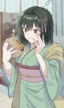 1girl black_hair blurry blurry_background blush burger commentary_request eating feet_out_of_frame food highres holding holding_burger holding_food japanese_clothes keitaro_tension kimono love_live! love_live!_nijigasaki_high_school_idol_club mifune_shioriko nail_polish obi red_eyes sash short_hair solo standing