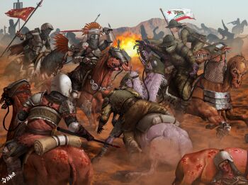 armor banner bedroll black_hair bulletproof_vest caesar's_legion cape cavalry chainmail dukehorner dust fallout fallout:_new_vegas flag goggles gun helmet highres holding holding_polearm holding_weapon horse lance multiple_heads new_california_republic non-web_source pauldrons plume polearm prosthesis prosthetic_leg rifle saddle spear spiked_pauldrons spikes weapon