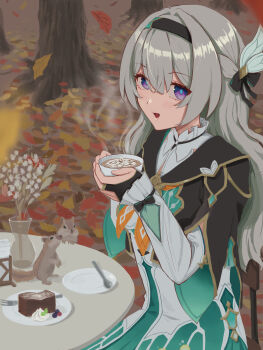 1girl aqua_dress black_hairband black_jacket black_ribbon blue_pupils blush cake commentary_request cropped_jacket cup dress drinking_glass firefly_(honkai:_star_rail) flower food fork gradient_eyes grey_hair hair_between_eyes hair_intakes hair_ornament hair_ribbon hairband highres holding holding_cup honkai:_star_rail honkai_(series) jacket long_hair multicolored_eyes neckerchief open_mouth orange_neckerchief ribbon smile solo spoon squirrel toki78288809