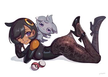 1girl absurdres arched_back black_bodysuit black_hair black_pantyhose blush bodysuit breasts closed_mouth dark-skinned_female dark_skin emma_(pokemon) espurr feet_up floral_print_pantyhose gen_6_pokemon gloves grin hair_ornament high_heels highres hooked_on_heel lace_pantyhose lace_pantyhose_hooked_on_heel_(meme) latex latex_bodysuit looking_at_viewer lying medium_breasts meme nebura_(neburaart) nintendo on_back on_stomach one_eye_closed orange_gloves pantyhose pantyhose_tug poke_ball poke_ball_(basic) pokemon pokemon_(creature) pokemon_legends:_z-a purple_eyes see-through_pantyhose short_hair simple_background smile strappy_heels two-tone_gloves white_background