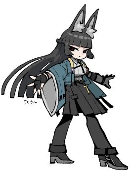 1girl animal_ear_fluff animal_ears aqua_jacket arm_out_of_sleeve artist_name belt black_eyes black_hair black_necktie black_pantyhose black_shoes black_skirt blunt_bangs breasts fingerless_gloves fox_ears fox_girl full_body gauntlets gloves hashtag-only_commentary high-waist_skirt highres hoshimi_miyabi id_card jacket long_hair medium_breasts necktie pantyhose shirt shirt_tucked_in shoes simple_background single_fingerless_glove single_gauntlet skirt solo tetsu_(teppei) white_background white_shirt zenless_zone_zero