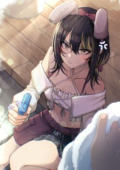 anger_vein animal_ears choker collarbone criss-cross_halter from_above furrowed_brow halterneck highres holding holding_towel idolmaster idolmaster_shiny_colors ikaruga_luca kusaka_io looking_at_viewer low_twintails midriff multicolored_hair off_shoulder pov pov_hands sitting skirt towel twintails water_gun wet
