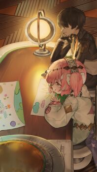 Rule 34 | 1boy, 1girl, :q, absurdres, adoptive parent and adoptive child, aemeath (wuthering waves), aemeath (young) (wuthering waves), black hair, bow, closed mouth, commentary request, crayon, desk, drawing (action), drawing (object), dress, father and daughter, from side, hair bow, hair ornament, hairband, highres, holding, holding crayon, indoors, kori morri, long sleeves, male rover (perpetual spark) (wuthering waves), male rover (wuthering waves), official alternate costume, pink hair, rover (wuthering waves), short hair, sitting, smile, tongue, tongue out, white bow, white dress, white hairband, wuthering waves, yellow eyes