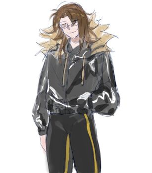 1boy absurdres alternate_costume arm_at_side beard_stubble black_bodysuit black_coat bodysuit brown_hair closed_mouth coat cowboy_shot drawstring eyes_visible_through_hair facial_hair feet_out_of_frame fur-trimmed_coat fur-trimmed_hood fur_collar fur_trim glasses gregor_(project_moon) hair_between_eyes hair_down hair_over_one_eye hand_in_pocket head_tilt highres hood hood_down hooded_coat jing84672940 limbus_company long_hair long_sleeves looking_at_viewer looking_to_the_side male_focus official_alternate_costume parted_bangs project_moon r_corp._(identity)_(project_moon) sanpaku semi-rimless_eyewear simple_background sketch smile solo standing stubble turtleneck turtleneck_bodysuit under-rim_eyewear upper_body white_background yellow_eyes yellow_stripe