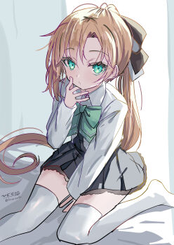 1girl absurdres akigumo_(kancolle) akigumo_kai_ni_(kancolle) aqua_eyes black_dress bow brown_hair dress hair_ribbon highres hizaka kantai_collection long_hair looking_at_viewer ponytail ribbon sitting solo thighhighs twitter_username