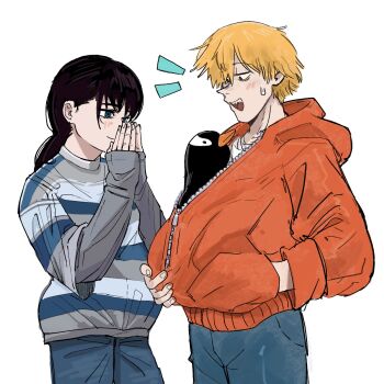 1boy 1girl bird black_hair blonde_hair blue_eyes blue_pants blue_sweater chainsaw_man closed_mouth denji_(chainsaw_man) goldenpenhd grey_sweater highres jacket long_hair mitaka_asa multicolored_sweater notice_lines open_mouth orange_jacket pants penguin red_eyes simple_background smile striped_clothes striped_sweater sweatdrop sweater white_background zipper zipper_pull_tab