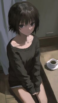 1girl black_hair black_shirt closed_mouth coffee coffee_mug collarbone cup empty_eyes hair_between_eyes highres holding indoors kodoku220909 long_sleeves looking_at_viewer mug original print_mug shirt short_hair sitting sleeves_past_wrists solo steam sweater table teacup
