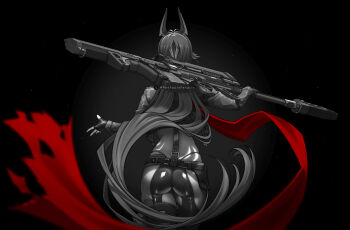 1girl anti-materiel_rifle arm_rest arm_up artist_name ass barrett_m82a2 black_background black_gloves black_pants blurry bullpup clothing_cutout commentary depth_of_field english_commentary facing_back fake_horns fingerless_gloves from_behind g-string gloves goddess_of_victory:_nikke gun hair_flaps horns jacket long_hair pants red_hood_(nikke) red_ringo red_scarf rifle scarf scope sniper_rifle solo strap thigh_cutout thong twitter_logo twitter_username very_long_hair weapon