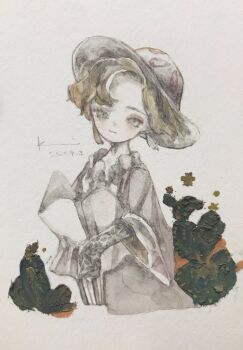 Rule 34 | 1girl, acrylic paint (medium), blonde hair, blush, commentary request, dated, dress, expressionless, gloves, grey eyes, hat, highres, karintoun, long sleeves, looking at viewer, original, painting (medium), parted bangs, portrait, short hair, signature, simple background, sleeves past wrists, smile, traditional media, watercolor (medium)