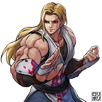1boy andy_bogard blonde_hair blue_eyes collarbone fatal_fury fighting_stance gloves highres jamrolypoly long_hair looking_to_the_side male_focus muscular muscular_male pants simple_background solo the_king_of_fighters the_king_of_fighters_xv white_background