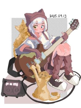 Rule 34 | 1girl, amplifier, arm warmers, bang dream!, bang dream! it's mygo!!!!!, black arm warmers, black leg warmers, black shoes, blue eyes, cable, cat, commentary, dated, electric guitar, fingerless gloves, gloves, guitar, guitar strap, hashtag-only commentary, heterochromia, highres, holding, holding guitar, holding instrument, instrument, kaname raana, leg warmers, music, open mouth, playing guitar, playing instrument, raana the cat, shoes, short hair, sitting, solo, starashes, white hair, yellow eyes