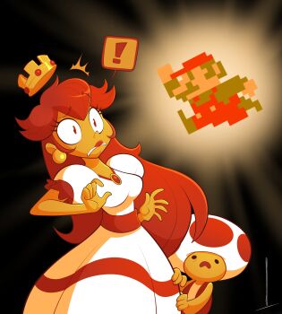 ! 1girl 2025 2boys ^^^ absurdres breasts buttons newsboy_cap chest_jewel clenched_teeth collarbone colored_skin commentary constricted_pupils crown dress earrings english_commentary facial_hair full_body gem glowing green_hair hat height_difference highres jewelry juliet_sleeves limited_palette long_hair long_sleeves madcosmos mario mario_(series) medium_breasts mini_crown multiple_boys mushroom_hat mustache narrow_waist nintendo no_pupils notice_lines official_alternate_color official_alternate_costume orange_skin overalls pixel_art princess_peach princess_toadstool_redraw_(meme) puffy_short_sleeves puffy_sleeves red_eyes red_gemstone red_hat red_lips red_overalls red_trim red_vest reference_work short_sleeves sigh simple_background spoken_exclamation_mark standing super_mario_bros._1 teeth toad_(mario) toon_(style) vest white_dress