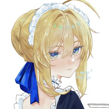 Rule 34 | 1girl, ahoge, artoria pendragon (fate), blonde hair, blue eyes, choker, commentary, eyelashes, fate/stay night, fate (series), frilled choker, frilled headwear, frills, from behind, highres, looking at viewer, looking back, maid, maid headdress, nigiri, saber (fate), simple background, solo, symbol-only commentary, twitter username, unfinished, upper body, white background