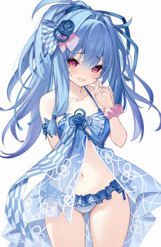 1girl :d bare_shoulders bikini blue_bikini blue_hair bow collarbone diieru frilled_bikini frills gluteal_fold hair_between_eyes hair_intakes hand_up highres kotonoha_aoi looking_at_viewer navel open_mouth ponytail red_eyes see-through_clothes simple_background smile solo striped_bow swimsuit voiceroid white_background white_bikini