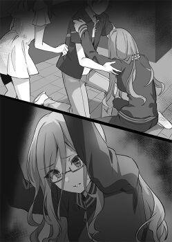 1boy 2girls commentary_request dress faceless faceless_male glasses greyscale jacket kageishi_sumire long_hair monochrome multiple_girls novel_illustration official_art open_clothes open_shirt pants parted_lips second-party_source semi-rimless_eyewear short_hair sitting solo_focus split_screen standing sweat tomari_(veryberry00) tomodachi_no_imouto_ga_ore_ni_dake_uzai track_jacket worried