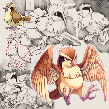 beak bird bread bread_slice bright_pupils brown_eyes commentary_request eating feathers food gen_1_pokemon highres nintendo no_humans pidgey pigeon pokemon pokemon_(creature) pokemon_focus pokemon_rgby shoupitsuki sketch standing talons white_pupils wings