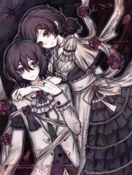 1boy 1girl aegyo_sal alternate_costume andrew_graves anmo418 ascot ashley_graves beads black_hair black_ribbon blood blood_on_clothes brother_and_sister buttons chinese_commentary commentary_request double-parted_bangs dress flower frilled_dress frilled_sleeves frills green_eyes hair_between_eyes hair_ornament hand_on_another&#039;s_arm highres jacket jewelry long_dress long_sleeves looking_at_viewer medium_hair pink_eyes ponytail puffy_short_sleeves puffy_sleeves purple_eyes purple_flower ribbon ring short_hair short_ponytail short_sleeves siblings signature the_coffin_of_andy_and_leyley victorian white_ascot white_jacket