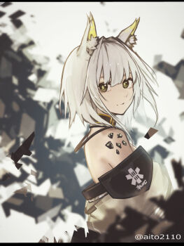 1girl aito animal_ear_fluff animal_ears arknights bare_shoulders cat_ears cat_girl closed_mouth commentary_request dress from_side green_dress green_eyes hair_intakes highres kal'tsit_(arknights) letterboxed looking_at_viewer looking_to_the_side material_growth off-shoulder_dress off_shoulder oripathy_lesion_(arknights) short_hair solo twitter_username upper_body white_hair