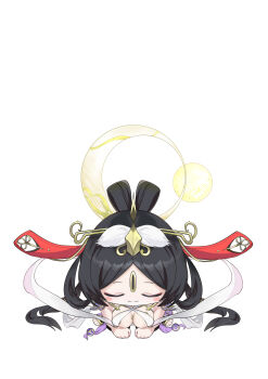 1girl absurdres black_hair blush_stickers breasts character_request chibi cleavage closed_eyes closed_mouth commentary criss-cross_straps echocalypse hair_ornament highres long_hair mole mole_on_breast mosta_(lo1777789) open-toe_shoes solo symbol-only_commentary white_background