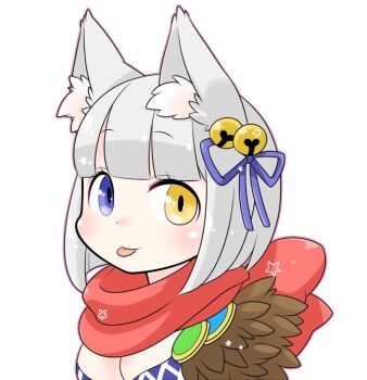 1girl animal_ear_fluff animal_ears bell blue_eyes blue_ribbon blunt_bangs blush bob_cut breasts cleavage closed_mouth commentary_request fox_ears fox_girl fur_collar grey_hair hair_ribbon heterochromia jingle_bell looking_at_viewer medium_breasts oekakipikki portrait ragnarok_online red_scarf ribbon scarf short_hair simple_background smile solo sorcerer_(ragnarok_online) tongue tongue_out white_background yellow_eyes