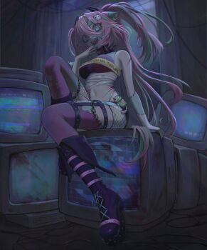1girl absurdres animal_ear_fluff animal_ears aqua_streaks bandaged_stomach blue_eyes boots breasts cat_ears cat_girl chain crt fishnets full_body hair_between_eyes hand_up highres large_breasts long_hair looking_at_viewer mdm4 multicolored_hair navel open_mouth original pink_hair pink_thighhighs purple_boots scar scar_on_stomach sharp_teeth sitting smile solo stitched_arm stitched_face stitches streaked_hair teeth television thighhighs