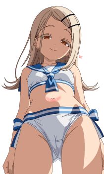 1girl absurdres bikini cameltoe female_focus from_below gakuen_idolmaster hair_ornament hairclip half-closed_eyes highres idolmaster legs loli long_hair looking_at_viewer looking_down navel orange_eyes sailor_swimsuit_(idolmaster) shinosawa_hiro side-tie_bikini_bottom smile solo standing stomach swimsuit thighs white_background