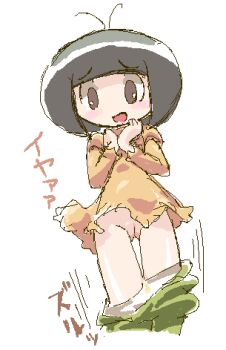 1girl antenna_hair black_hair blush brown_eyes cartoon_network character_request clothes_pull dress embarrassed green_pantyhose k-nattoh loli long_sleeves looking_down open_mouth orange_dress panties panty_pull pantyhose pantyhose_pull pee_stain powerpuff_girls powerpuff_girls_z puffy_sleeves pussy short_hair stained_panties standing underwear white_background white_panties wind wind_lift