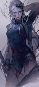 1girl absurdres black_pants blood blood_on_face blood_spray commentary_request devil_may_cry_(series) devil_may_cry_5 feet_out_of_frame fingerless_gloves genderswap genderswap_(mtf) gloves grey_eyes grey_hair hand_on_own_head highres holding holding_sword holding_weapon long_hair looking_at_viewer muted_color open_clothes pants parted_lips solo sukly sword vergil_(devil_may_cry) very_long_hair weapon