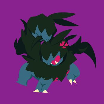 anger_vein biting commentary_request fangs fighting full_body gen_5_pokemon hisashi999 multiple_heads nintendo no_humans no_lineart nostrils open_mouth pokemon pokemon_(creature) pokemon_focus purple_background simple_background solo zweilous