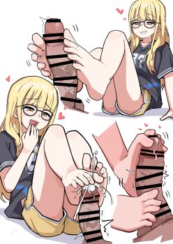 1boy 1girl :d absurdres bar_censor barefoot black_shirt blonde_hair brown-framed_eyewear censored commission cum dolphin_shorts ejaculation fang feet footjob fujita_kotone gakuen_idolmaster glasses heart hetero highres idolmaster long_hair ohgi910 open_mouth penis pixiv_commission shirt short_shorts short_sleeves shorts sitting skin_fang smile toenails toes two-footed_footjob veins veiny_penis yellow_eyes yellow_shorts