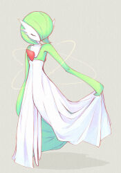 Rule 34 | bob cut, closed eyes, clothes lift, colored skin, creatures (company), dress, dress lift, game freak, gardevoir, gen 3 pokemon, green hair, grey background, hair over one eye, highres, lila 0219, multicolored skin, nintendo, pokemon, pokemon (creature), simple background, two-tone skin, white dress, white skin