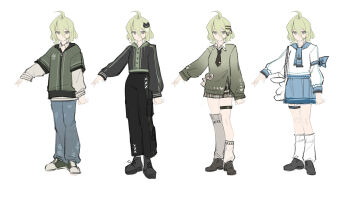 1girl ahoge alternate_costume artist_collaboration asymmetrical_legwear black_jacket black_necktie black_pants blue_pants blue_skirt breasts commentary english_commentary green_hair green_hoodie green_jacket green_shirt hair_between_eyes highres honkai_(series) honkai_impact_3rd hood hoodie jacket klein_(honkai_impact) long_sleeves medium_breasts mismatched_legwear multiple_views necktie pants reference_sheet sang_sha shirt short_hair simple_background sketch skirt thigh_strap white_background white_shirt zelian