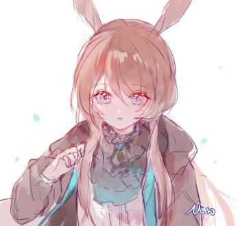 1girl absurdres amiya_(arknights) animal_ears arknights ascot black_jacket blue_eyes brown_hair hair_between_eyes hand_up highres infection_monitor_(arknights) jacket long_hair long_sidelocks looking_at_viewer misononeko open_clothes open_jacket parted_lips rabbit_ears rabbit_girl shirt sidelocks simple_background sketch solo upper_body white_background white_shirt