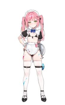 1girl apron aqua_hair aqua_streaks arm_behind_back bikini black_bikini black_shoes black_shrug blush breasts facing_viewer frilled_hairband frilled_shrug frills front-tie_bikini_top front-tie_top full_body green_eyes hair_ornament hairband hanako_nana hand_on_own_hip highres holding holding_plate loli long_hair looking_at_viewer multicolored_hair multicolored_shrug paint_splatter pink_hair plate red_hair red_streaks sangobob shoes short_sleeves shrug_(clothing) side-tie_bikini_bottom simple_background skindentation small_breasts solo standing stellive streaked_hair sweatdrop swimsuit thigh_strap thighhighs twintails two-tone_shrug white_apron white_background white_shrug white_thighhighs x_hair_ornament