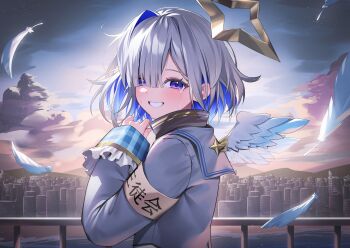1girl :d amane_kanata amane_kanata_(1st_costume) angel angel_wings armband black_shirt blue_hair blue_wings bob_cut colored_inner_hair commentary crying falling_feathers feathered_wings feathers gradient_wings grey_hair grey_jacket grin halo happy_tears highres hololive jacket long_sleeves looking_at_viewer mini_wings multicolored_hair multicolored_wings open_mouth purple_eyes railing sailor_collar shirt short_hair shuvi_(shuvi1125) single_hair_intake sleeve_cuffs sleeves_past_wrists smile solo star_halo streaming_tears tears tilted_halo turtleneck upper_body virtual_graduation_commemoration virtual_youtuber white_hair white_sailor_collar white_wings wings