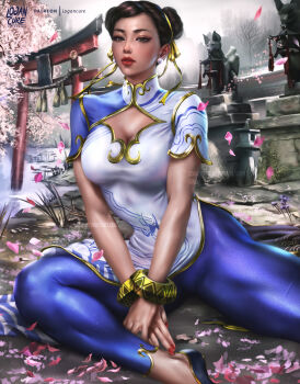 1girl absurdres artist_logo bracelet breasts brown_eyes brown_hair capcom china_dress chinese_clothes chun-li cleavage_cutout clothing_cutout double_bun dress hair_bun hair_ribbon highres jewelry large_breasts leggings lips logan_cure logo outdoors paid_reward_available petals ribbon short_hair sitting solo street_fighter street_fighter_6 torii