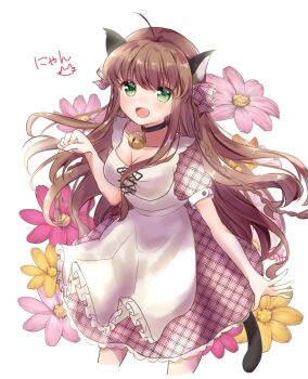 1girl :d ahoge alternate_costume animal_ears apron bell black_choker blush bow braid breasts brown_hair cat_day cat_ears cat_girl cat_tail choker cleavage collarbone commentary cowboy_shot cropped_legs dress eyes_visible_through_hair floating_hair floral_background flower frilled_apron frills green_eyes hair_between_eyes hair_bow hand_up happy highres jingle_bell kanbe_kotori kemonomimi_mode kurage_(kurage19) long_hair looking_at_viewer maid_apron medium_breasts neck_bell open_mouth outstretched_hand paw_pose pink_bow pink_dress pink_flower plaid_bow plaid_clothes plaid_dress puffy_short_sleeves puffy_sleeves rewrite short_sleeves simple_background smile solo tail tareme twin_braids very_long_hair white_apron white_background yellow_flower