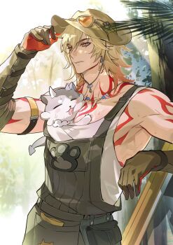 1boy absurdres arm_strap arm_tattoo armlet between_pectorals black_gloves black_overalls blonde_hair braid chest_tattoo chimera_(honkai:_star_rail) commentary donburi_rn earrings eyewear_on_head facial_tattoo gloves gold_earrings gradient_hair hat highres honkai:_star_rail honkai_(series) jewelry looking_to_the_side male_focus medium_hair multicolored_hair mydei_(chimerric_park)_(honkai:_star_rail) mydei_(honkai:_star_rail) necklace official_alternate_costume overalls pectorals phainon_(honkai:_star_rail) phainon_(vigethos)_(honkai:_star_rail) red_hair red_tattoo side_braid solo sweat tank_top tattoo toned toned_male white_tank_top yellow_eyes